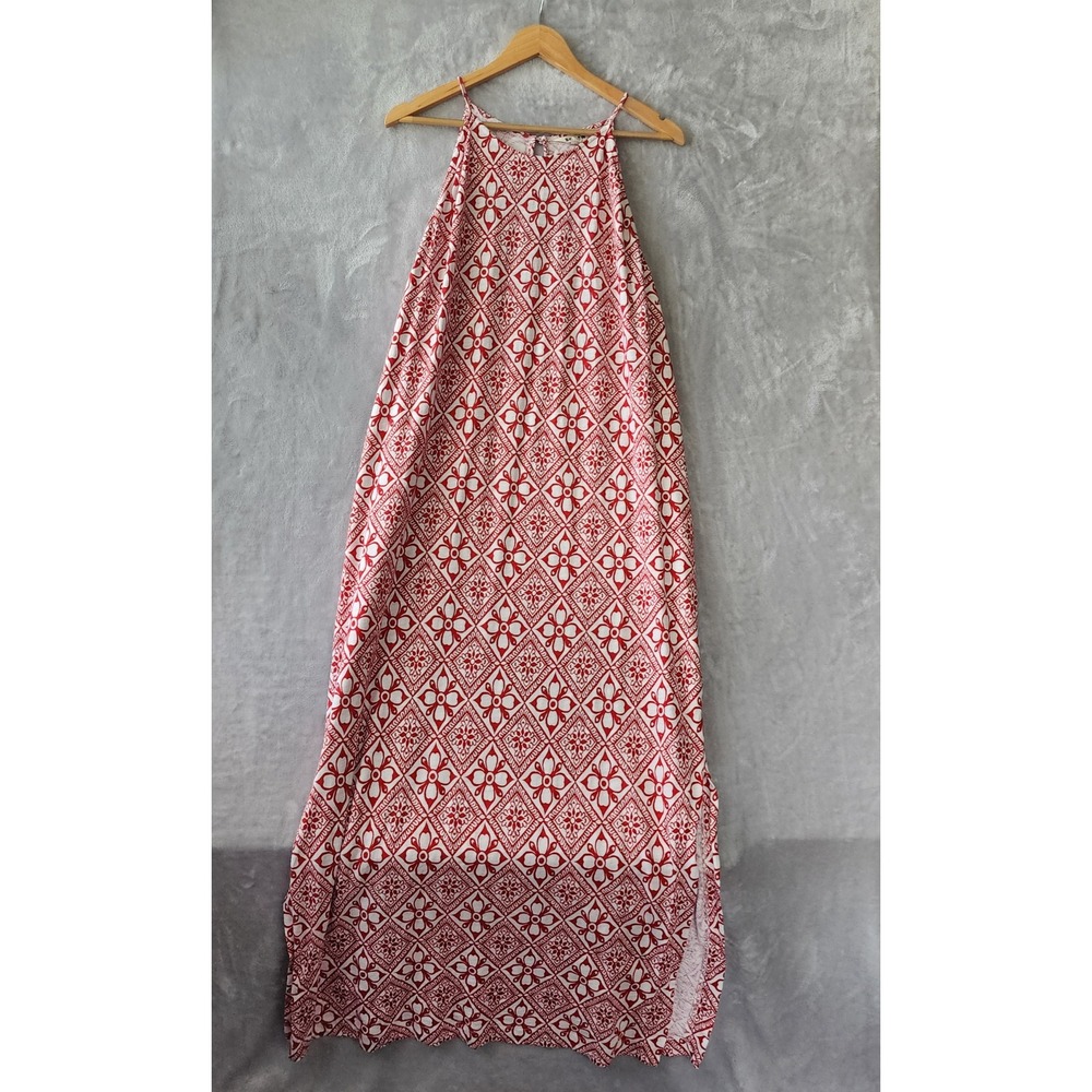 Boden Maxi Dress Womens Size 16 Long Red Floral Tile Cotton Jersey Halter 16L
